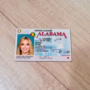 An editable template of a Alabama driver license, featuring a realistic design for customization, including fields for personal information, photo, and signature.