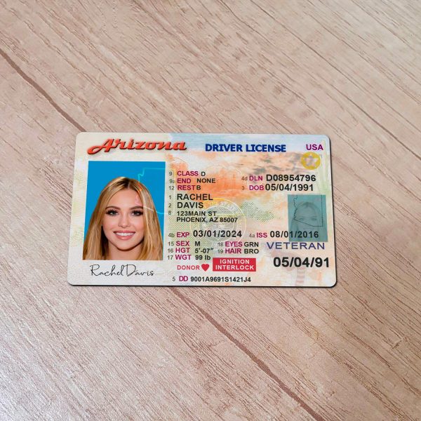 An editable template of a Arizona driver license, featuring a realistic design for customization, including fields for personal information, photo, and signature.