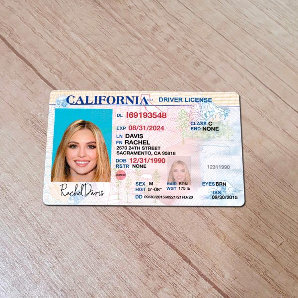 An editable template of a California driver license, featuring a realistic design for customization, including fields for personal information, photo, and signature.