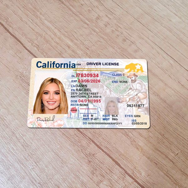 An editable template of a California driver license, featuring a realistic design for customization, including fields for personal information, photo, and signature.