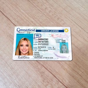 An editable template of a Connecticut driver license, featuring a realistic design for customization, including fields for personal information, photo, and signature.