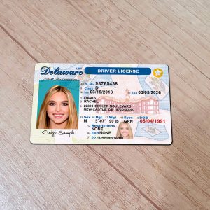 An editable template of a Delaware driver license, featuring a realistic design for customization, including fields for personal information, photo, and signature.