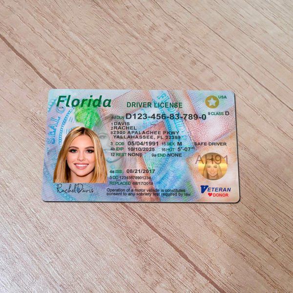 An editable template of a Florida driver license, featuring a realistic design for customization, including fields for personal information, photo, and signature.