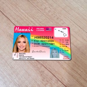 An editable template of a Hawaii driver license, featuring a realistic design for customization, including fields for personal information, photo, and signature.