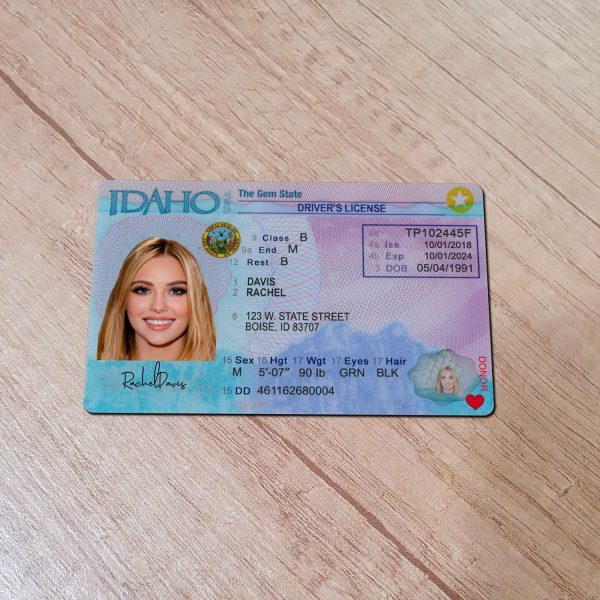 An editable template of a Idaho driver license, featuring a realistic design for customization, including fields for personal information, photo, and signature.