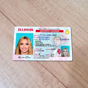 An editable template of a Illinois driver license, featuring a realistic design for customization, including fields for personal information, photo, and signature.