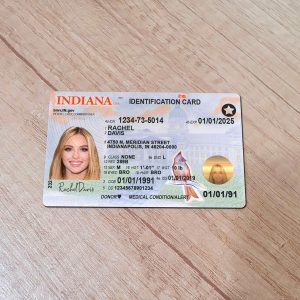 An editable template of a Indiana driver license, featuring a realistic design for customization, including fields for personal information, photo, and signature.