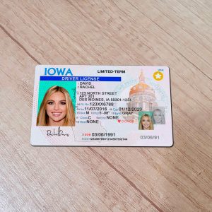 An editable template of a Iowa driver license, featuring a realistic design for customization, including fields for personal information, photo, and signature.