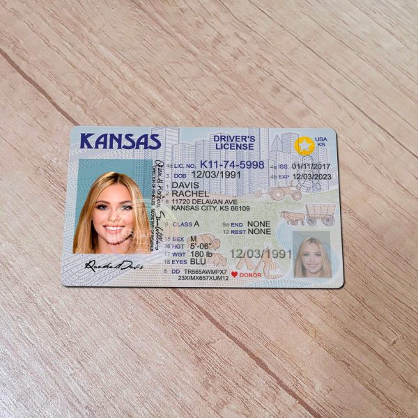 An editable template of a Kansas driver license, featuring a realistic design for customization, including fields for personal information, photo, and signature.