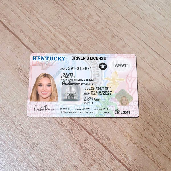 An editable template of a Kentucky driver license, featuring a realistic design for customization, including fields for personal information, photo, and signature.