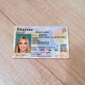 An editable template of a Maine driver license, featuring a realistic design for customization, including fields for personal information, photo, and signature.