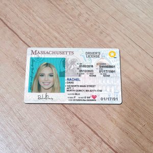 An editable template of a Massachusetts driver license, featuring a realistic design for customization, including fields for personal information, photo, and signature.