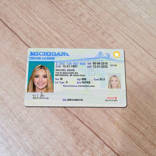 An editable template of a Michigan driver license, featuring a realistic design for customization, including fields for personal information, photo, and signature.