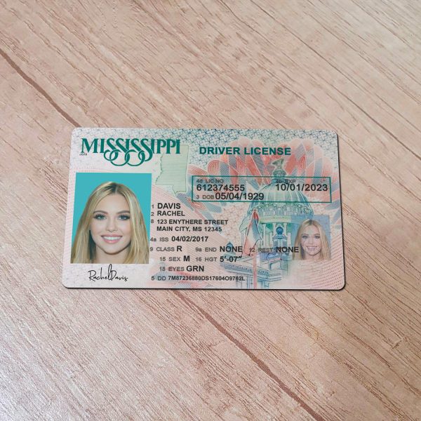 An editable template of a Mississippi driver license, featuring a realistic design for customization, including fields for personal information, photo, and signature.