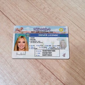 An editable template of a Nevada driver license, featuring a realistic design for customization, including fields for personal information, photo, and signature.