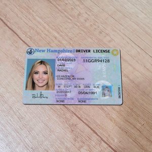 An editable template of a New Hampshire driver license, featuring a realistic design for customization, including fields for personal information, photo, and signature.