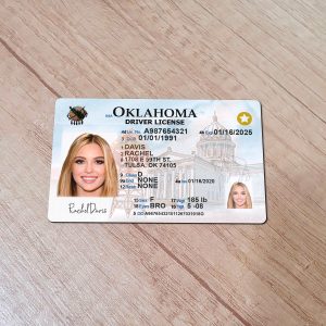 An editable template of a Oklahoma driver license, featuring a realistic design for customization, including fields for personal information, photo, and signature.