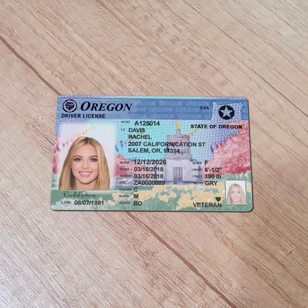 An editable template of a Oregon driver license, featuring a realistic design for customization, including fields for personal information, photo, and signature.