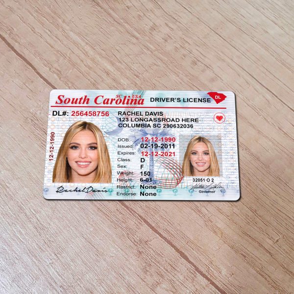 An editable template of a South Carolina driver license, featuring a realistic design for customization, including fields for personal information, photo, and signature.