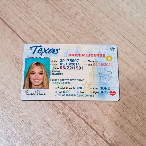 An editable template of a Texas driver license, featuring a realistic design for customization, including fields for personal information, photo, and signature.