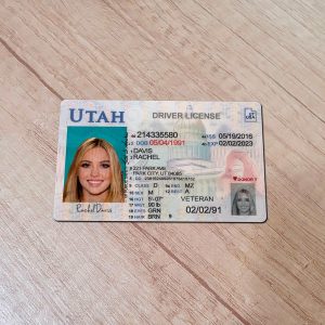 An editable template of a Utah driver license, featuring a realistic design for customization, including fields for personal information, photo, and signature.