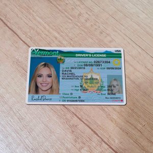 An editable template of a Vermont driver license, featuring a realistic design for customization, including fields for personal information, photo, and signature.