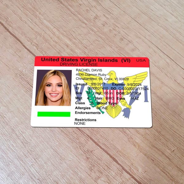 An editable template of a Virgin Islands driver license, featuring a realistic design for customization, including fields for personal information, photo, and signature.