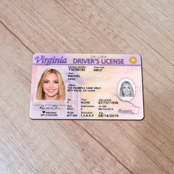 An editable template of a Virginia driver license, featuring a realistic design for customization, including fields for personal information, photo, and signature.