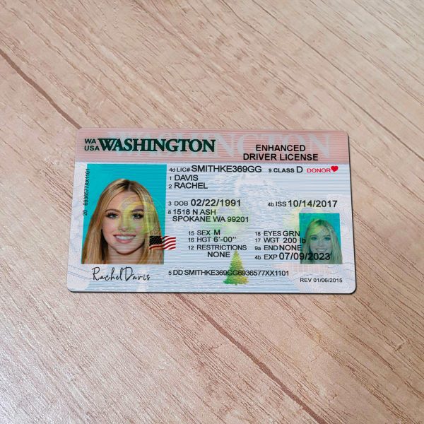 An editable template of a Washinton driver license, featuring a realistic design for customization, including fields for personal information, photo, and signature.