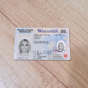 An editable template of a Wisconsin driver license, featuring a realistic design for customization, including fields for personal information, photo, and signature.