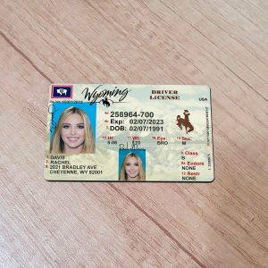 An editable template of a Wyoming driver license, featuring a realistic design for customization, including fields for personal information, photo, and signature.